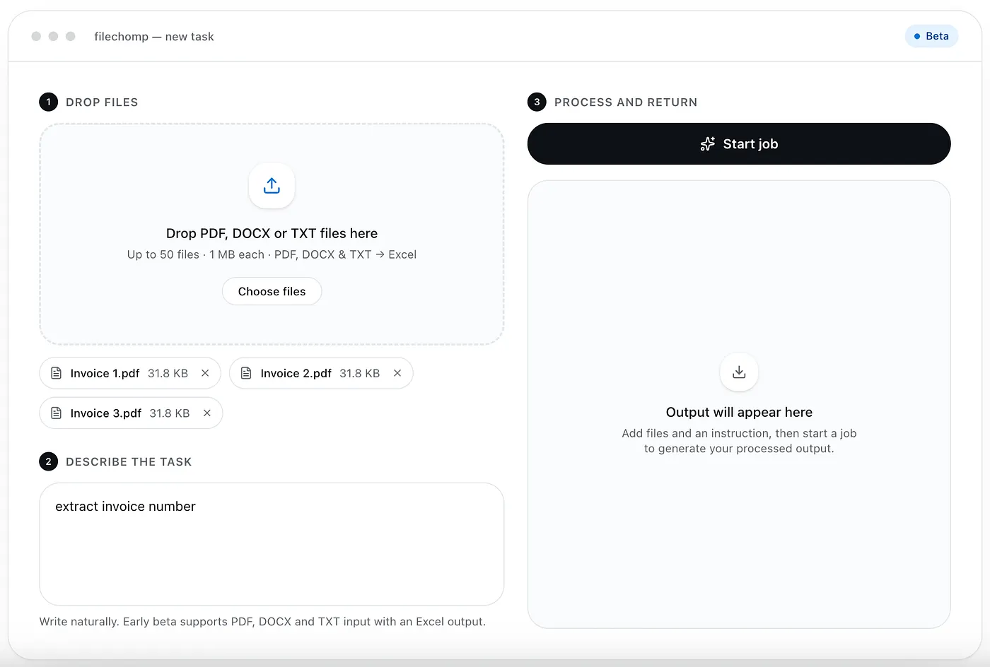 FileChomp upload screen with three invoice PDFs dropped in and an extraction instruction